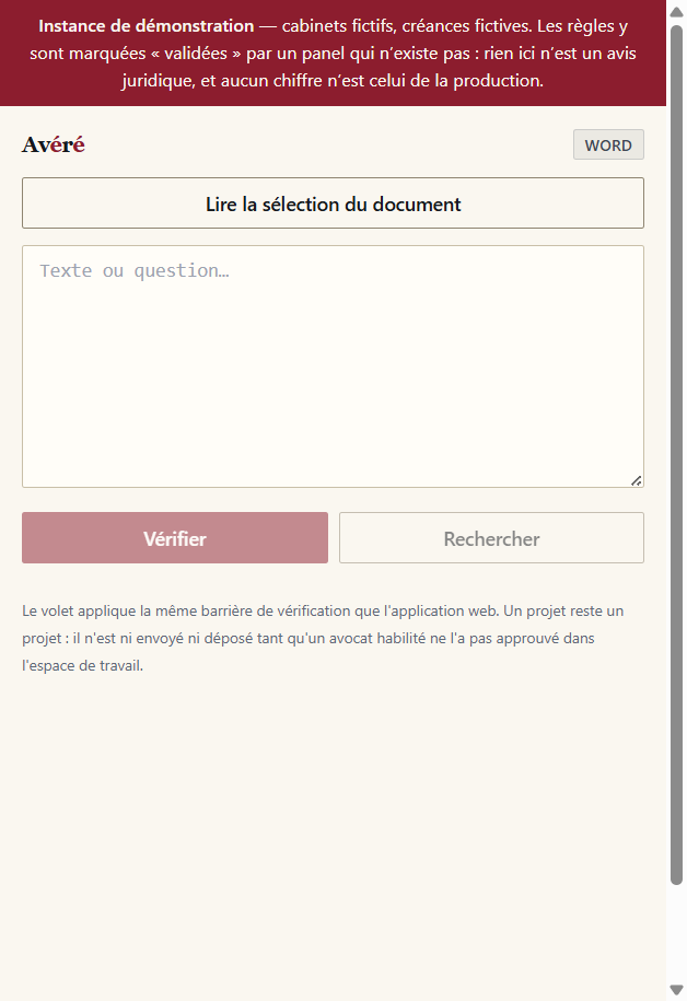 Le volet de tâches Word d’Avéré, tel qu’il se charge dans l’instance de démonstration.